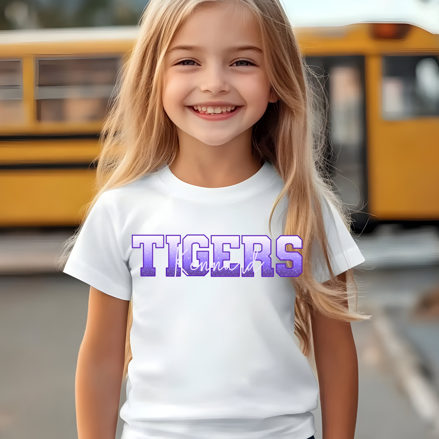 Kennard Tigers in White to Purple Ombre Faux Glitter Purple Outline with White Overlay