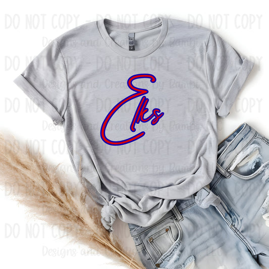 Elkhart Elks Script Red with Blue Outline