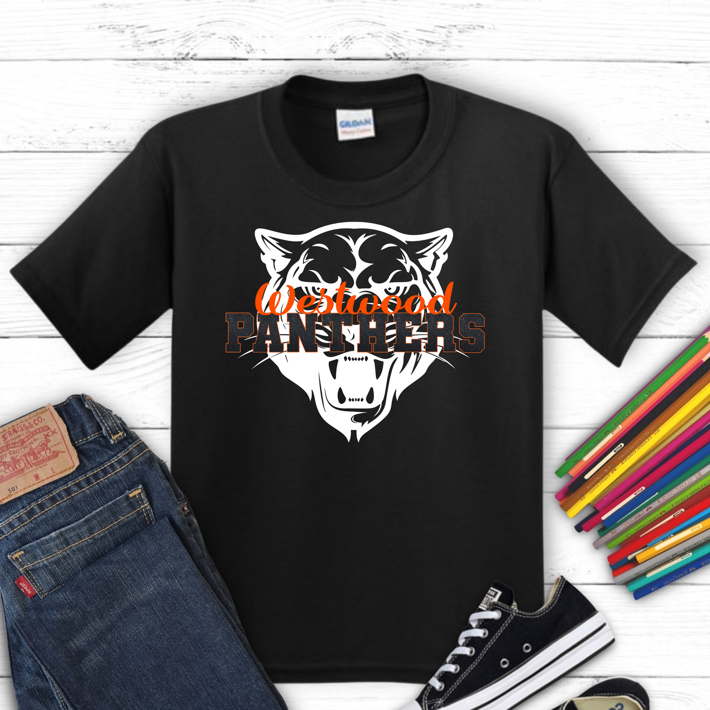 Westwood Panthers in Black Faux Glitter with Orange Westwood/Panther in Background