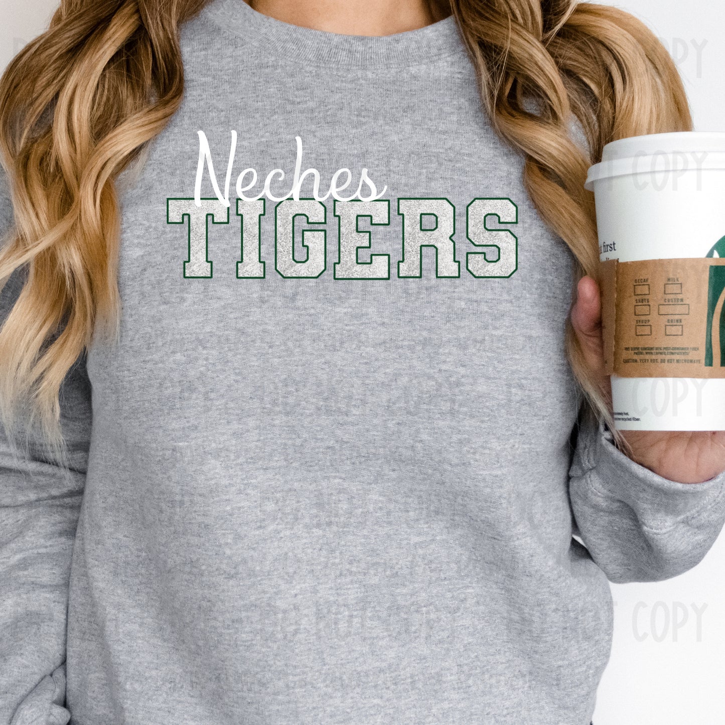 Neches Tigers Faux Glitter White with Green Outline