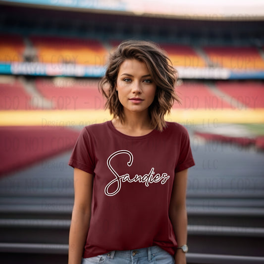 Grapeland Sandies Script Maroon with White Outline