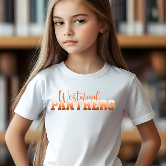 Panthers in Ombre Orange Faux Glitter with White Outline/ Westwood in Orange Font