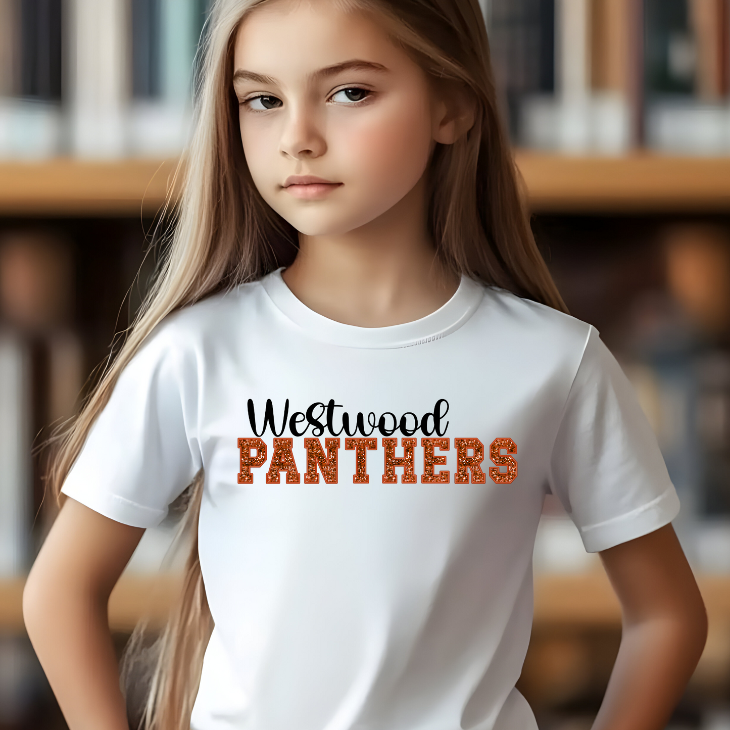 Westwood Panthers in Faux Orange Sequin with Orange Outline