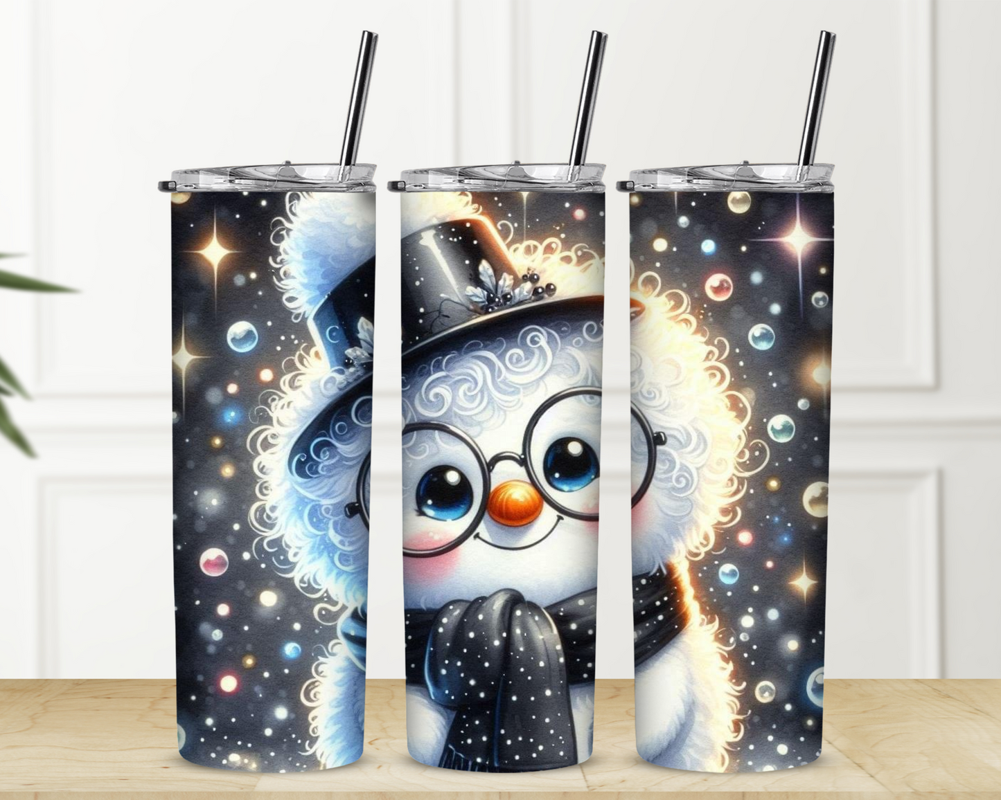 Adorable Snowman and Black Sparkle Christmas Sublimation Tumbler