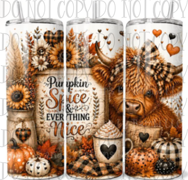 All Things Fall and Pumpkin Spice Highland Cow 20oz Sublimation Tumbler