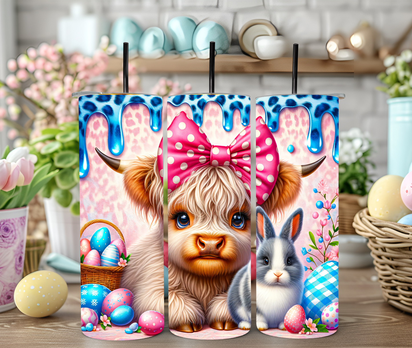 Blue Leopard Drizzle Easter Highland Cow Tumbler