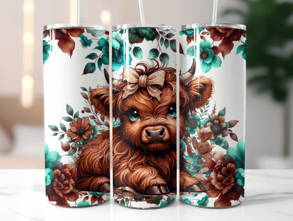 Brown Highland Cow Floral Sublimation Tumbler