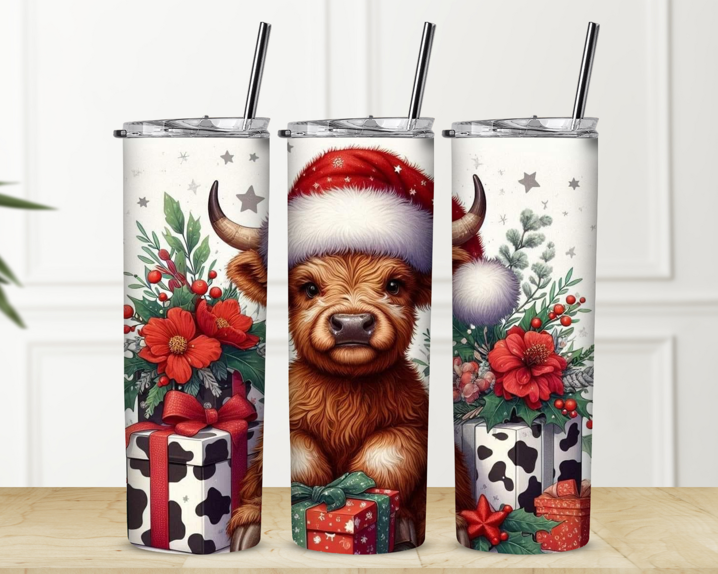 Brown Highland Cow with Hat Christmas Sublimation Tumbler