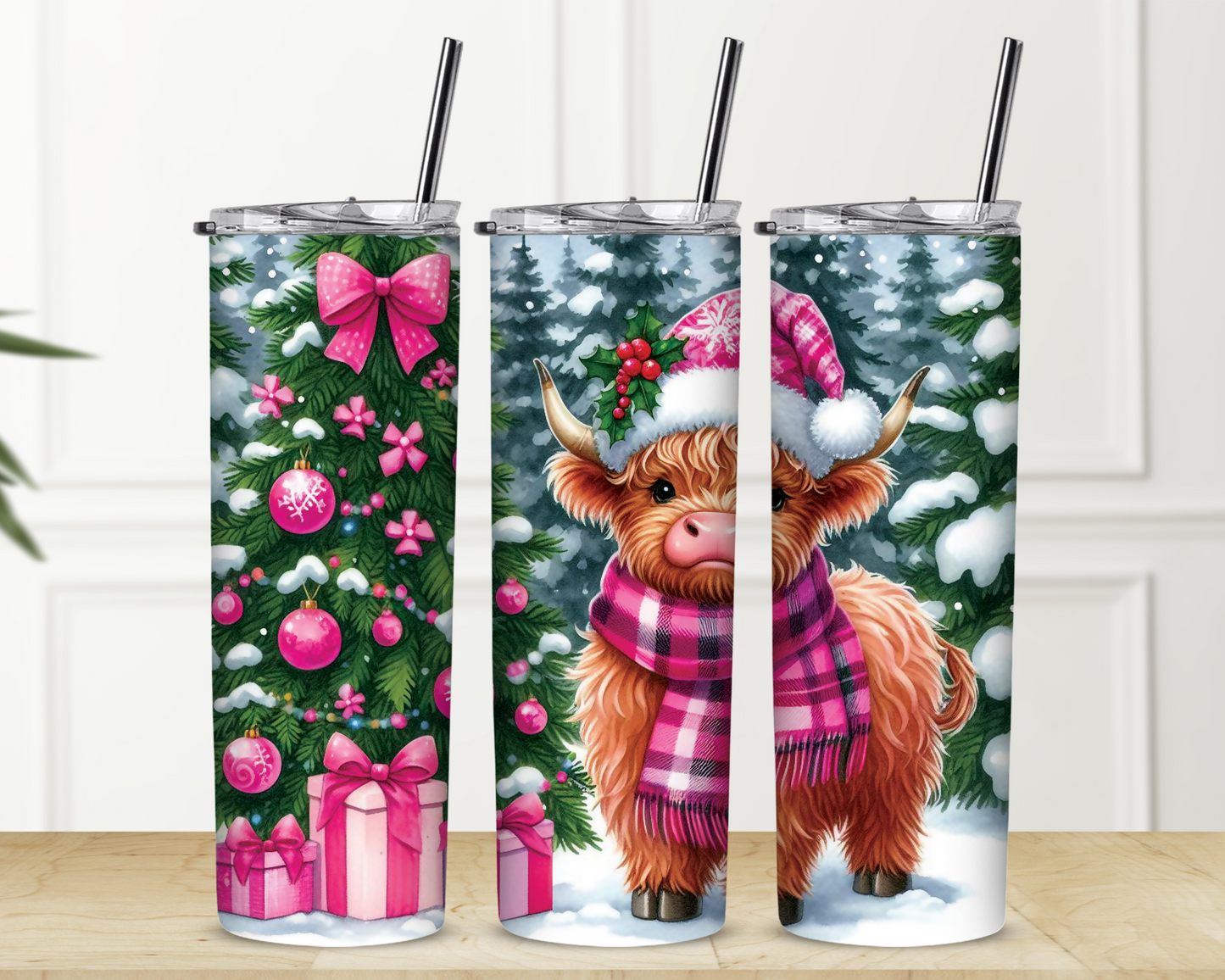 Brown and Pink Highland Cow Christmas Sublimation Tumbler