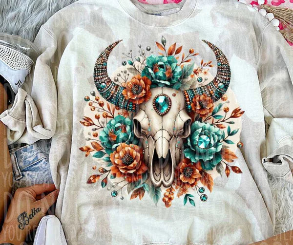 Bull Skull Teal and Orange Flowers (Vintage)