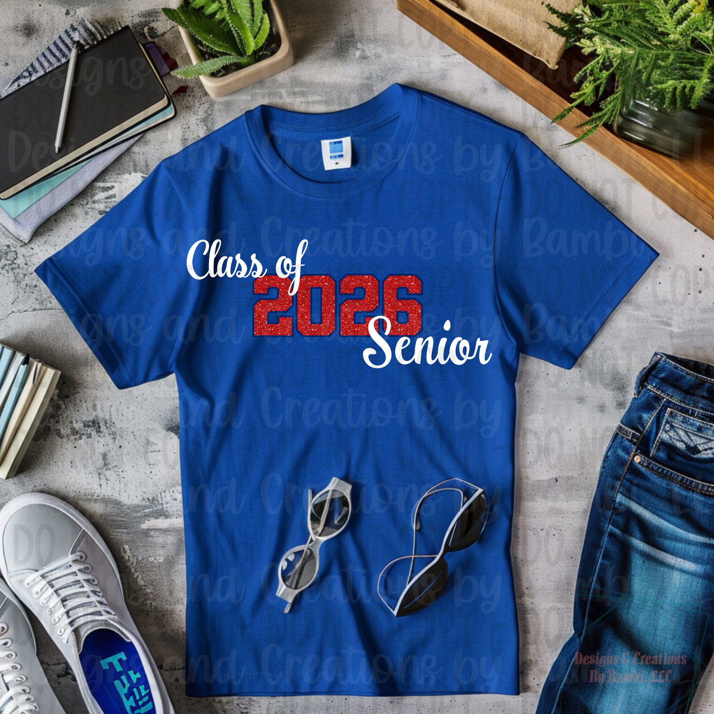 Class of 2026 Senior Faux Glitter Red with Blue Outline and White Font
