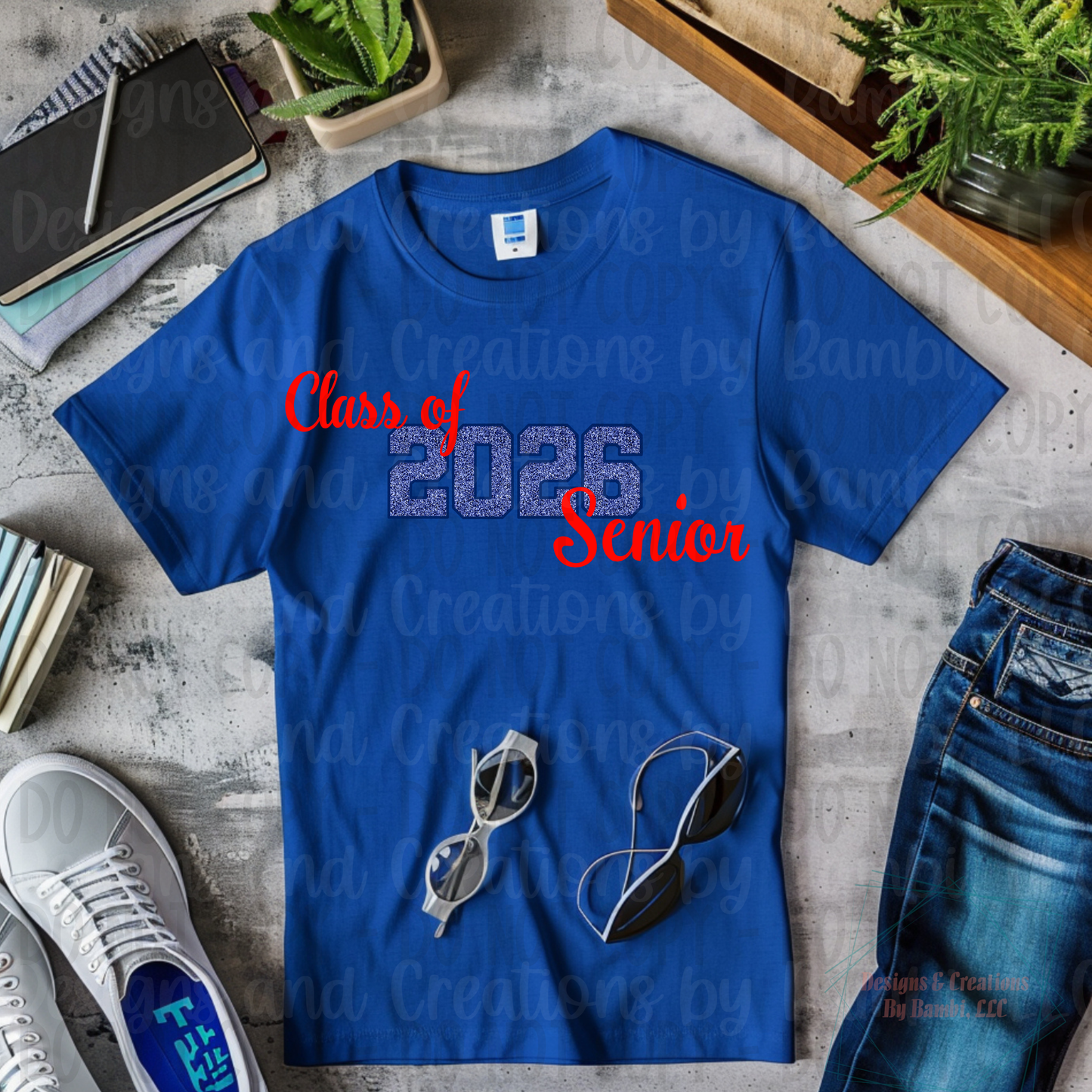 Class of 2026 Senior Faux Glitter Blue with Blue Outline and Red Font