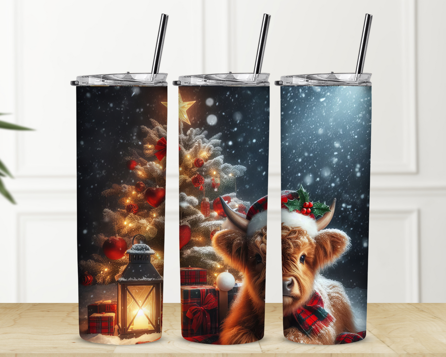 Christmas Highland Cow Laying by Tree Sublimation Tumbler
