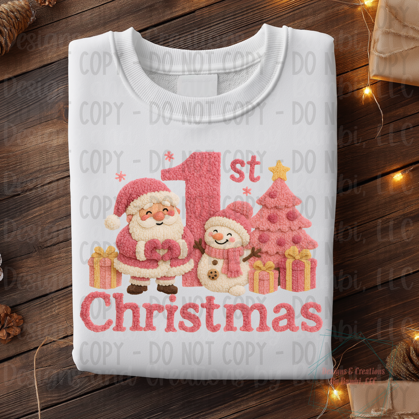 Faux Knit Pink 1st Christmas with Santa