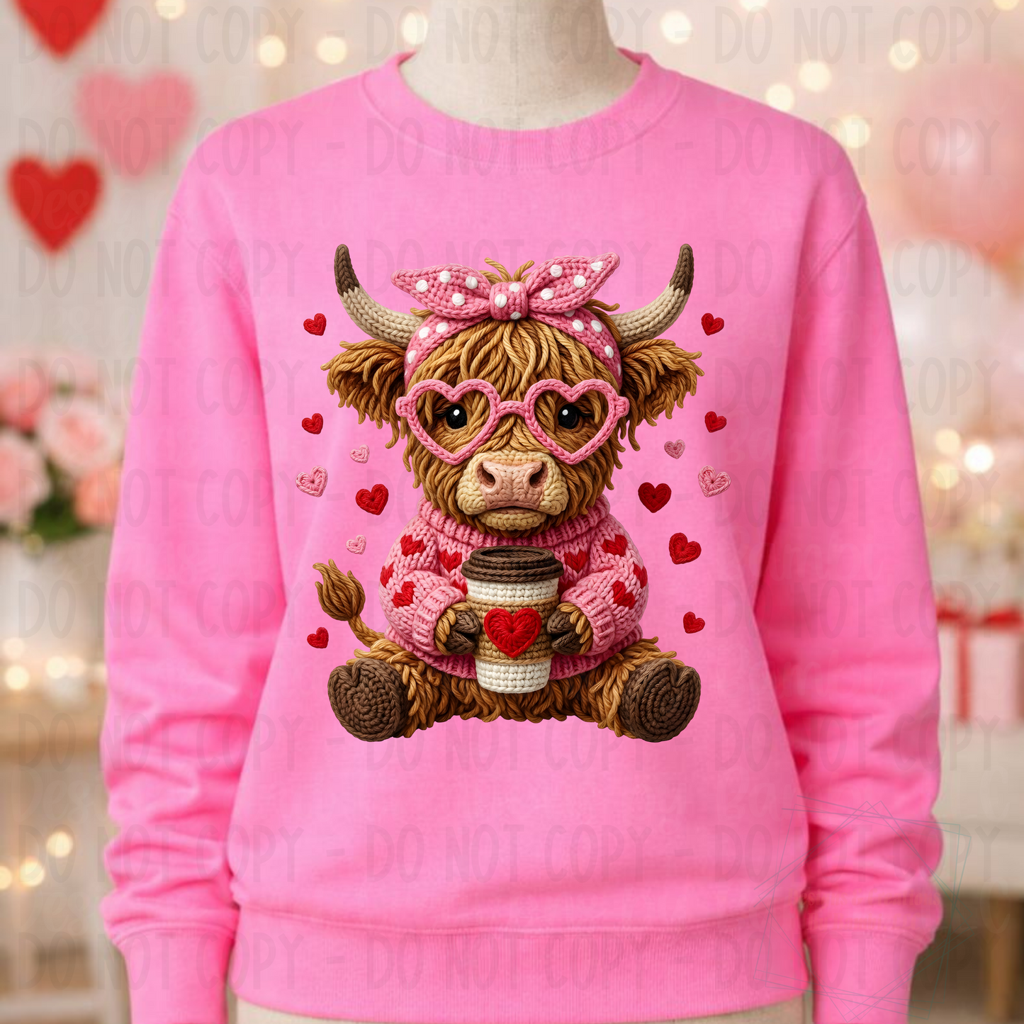 Faux Crochet Yarn Highland Cow Coffee Valentine Pink