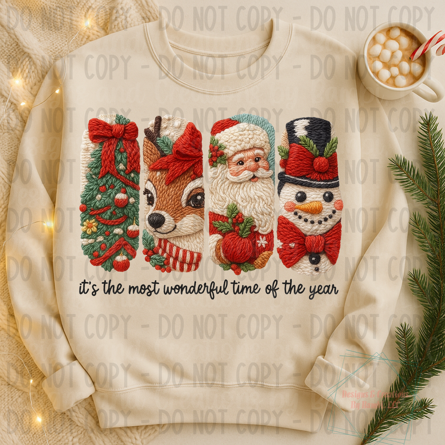 Faux Knit Most Wonderful Time Santa Snowman Black Font