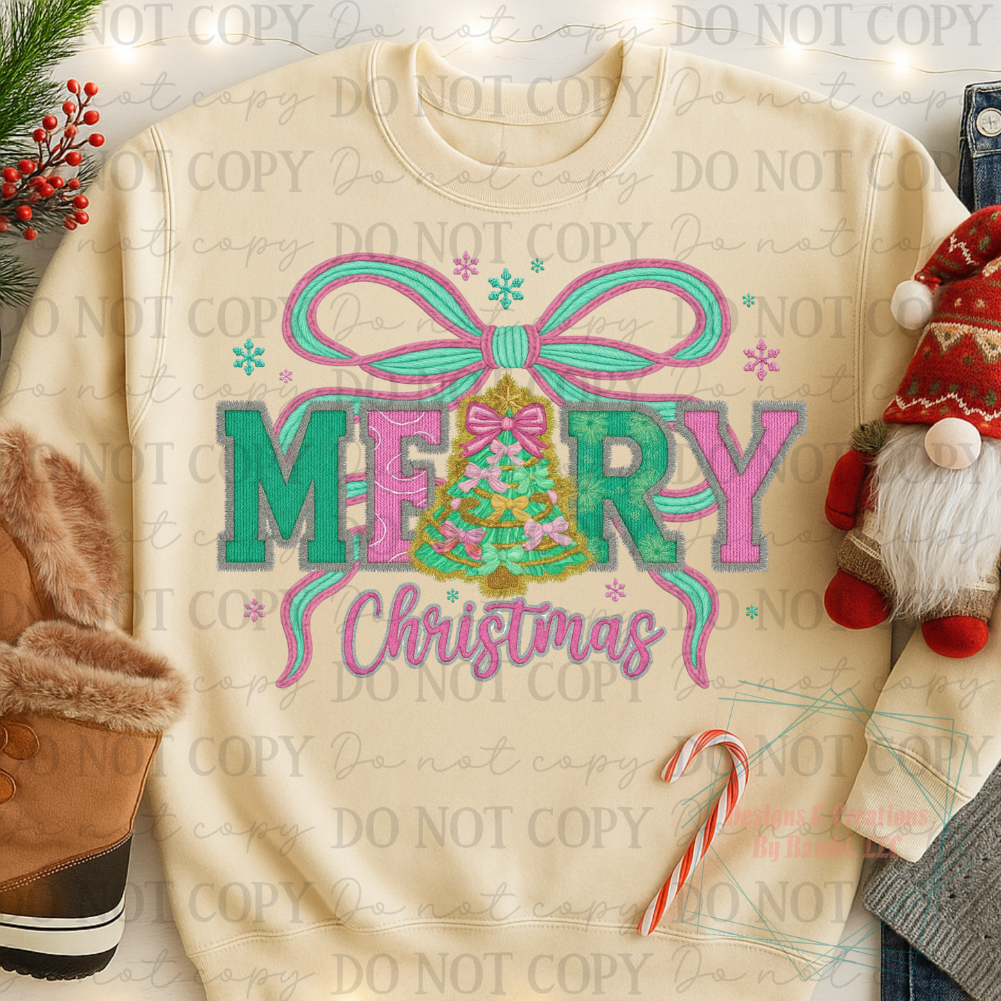Faux Embroidery Merry Christmas Pastel with Bow
