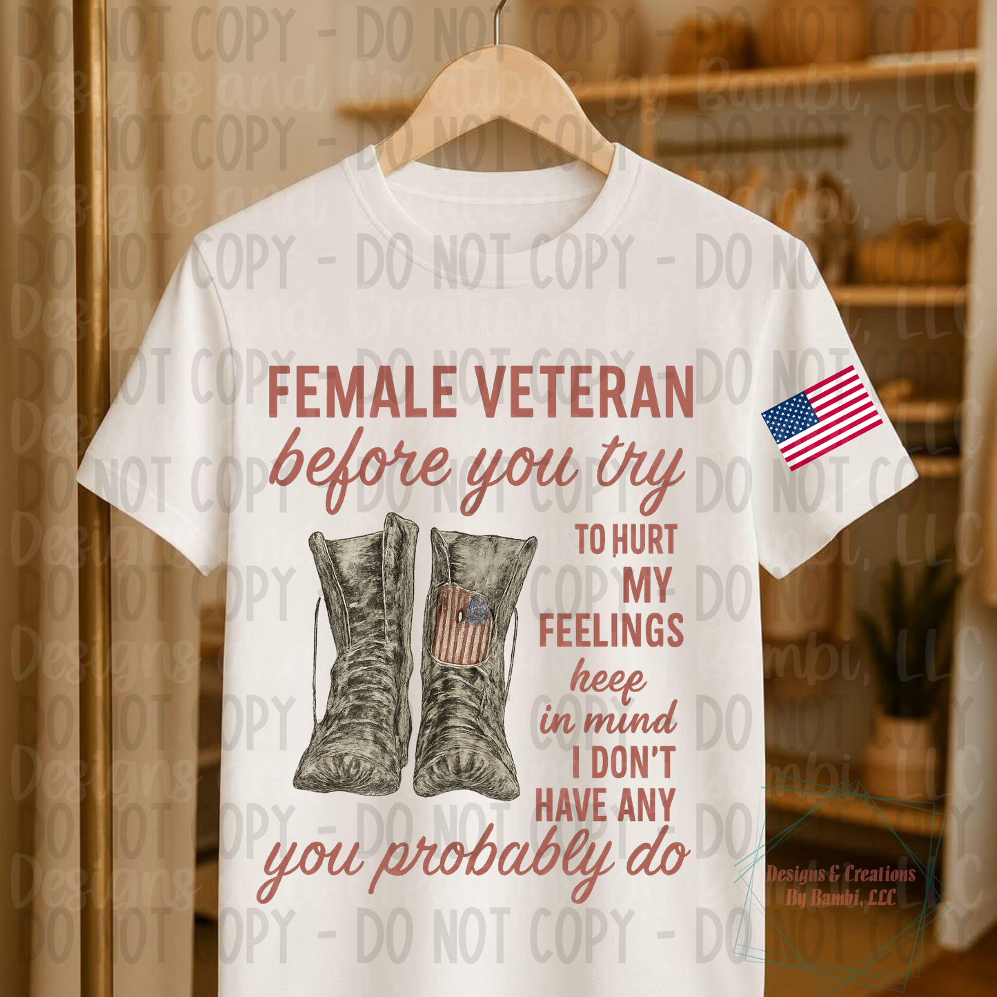 Female Veteran Before You Try Rustic Red Font with Sleeve Flag