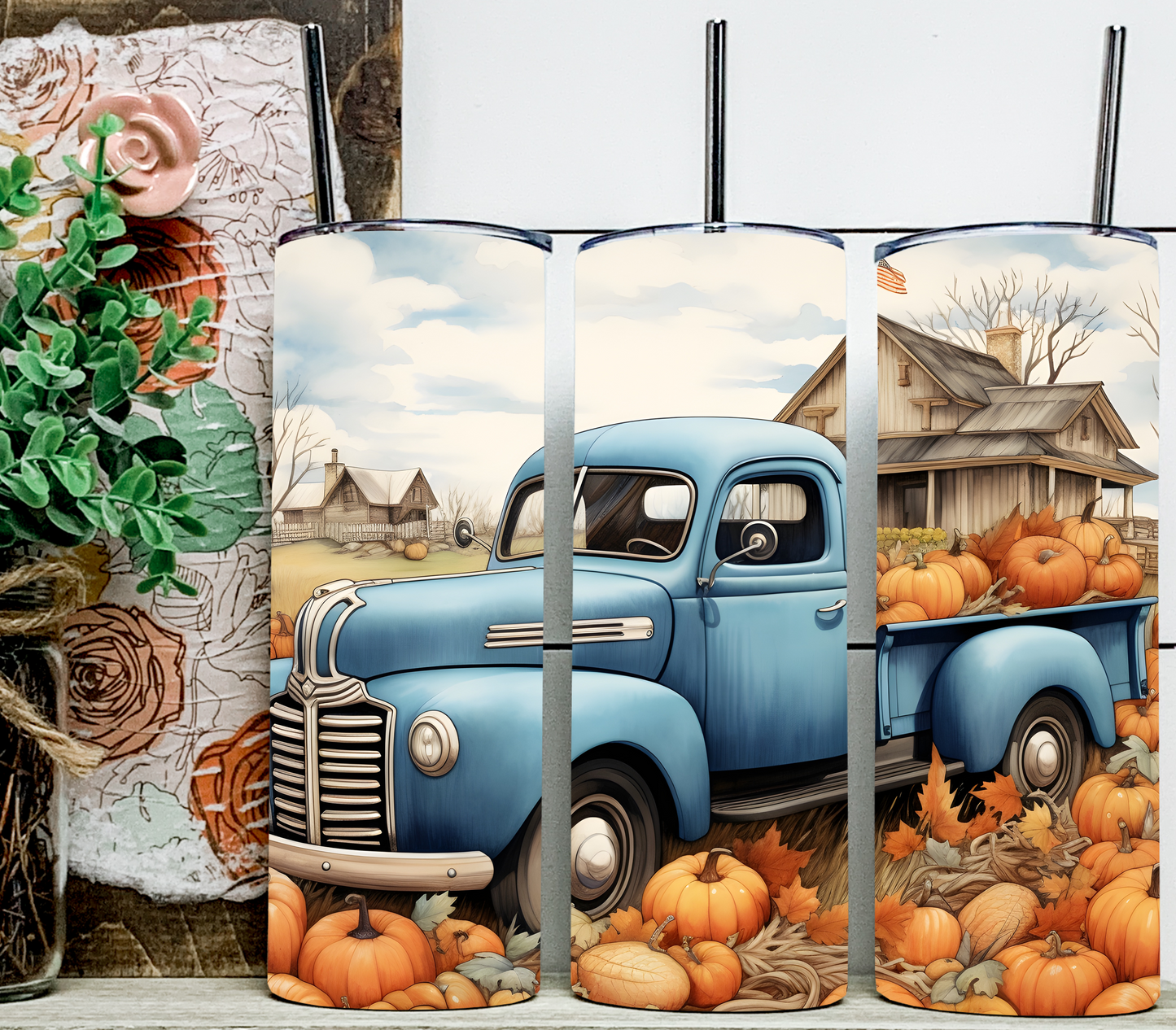 Blue Vintage Truck Fall 20 oz Sublimation Tumbler
