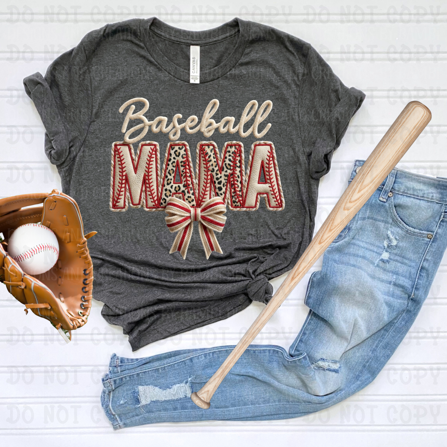 Faux Embroidery Baseball Mama Red-White-Leopard