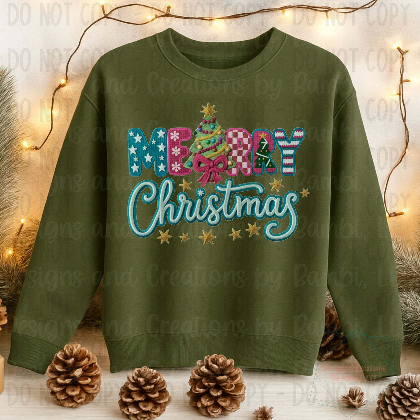 Faux Embroidery Merry Christmas Blue and Pink