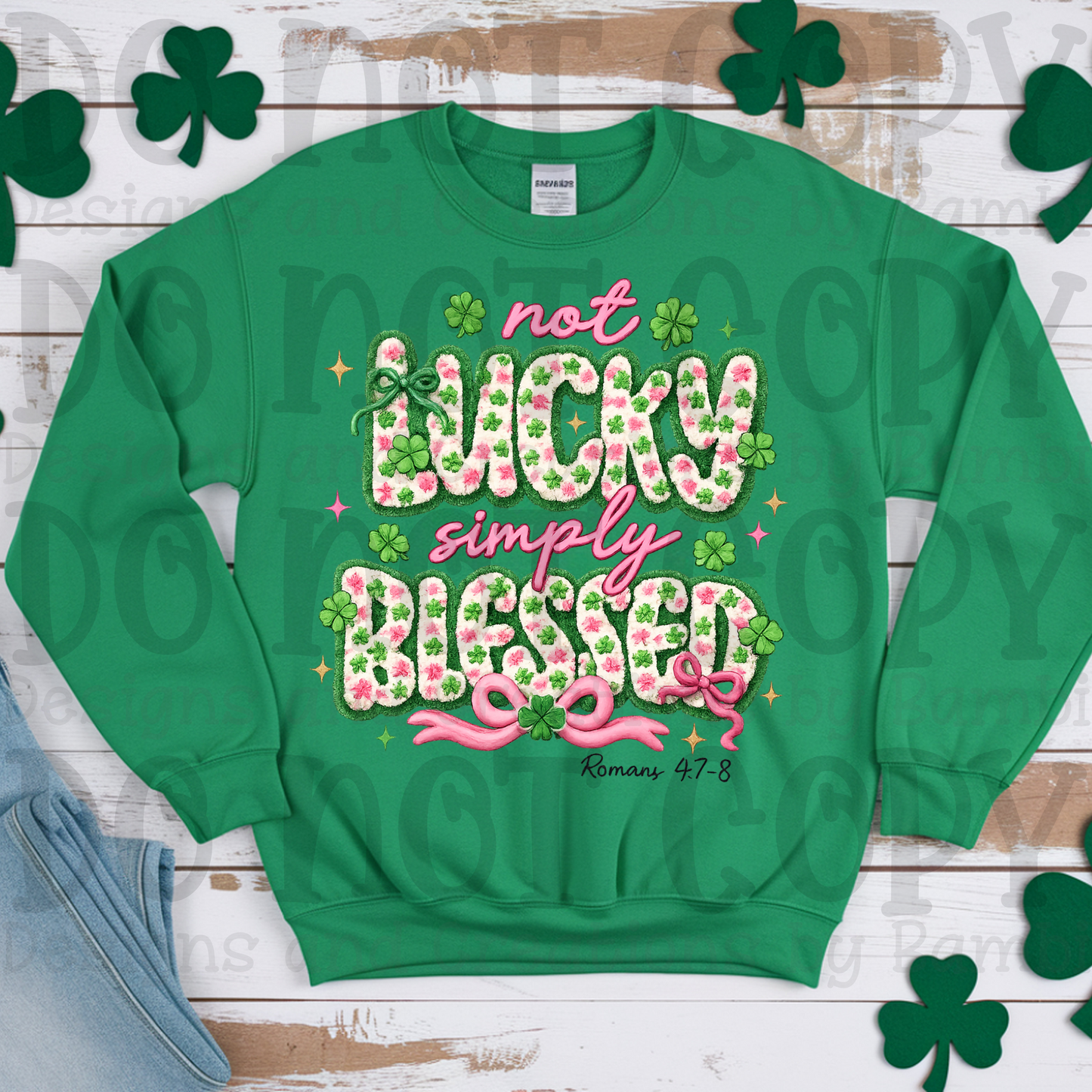 Faux Embroidery Not Lucky Simply Blessed Pink Font