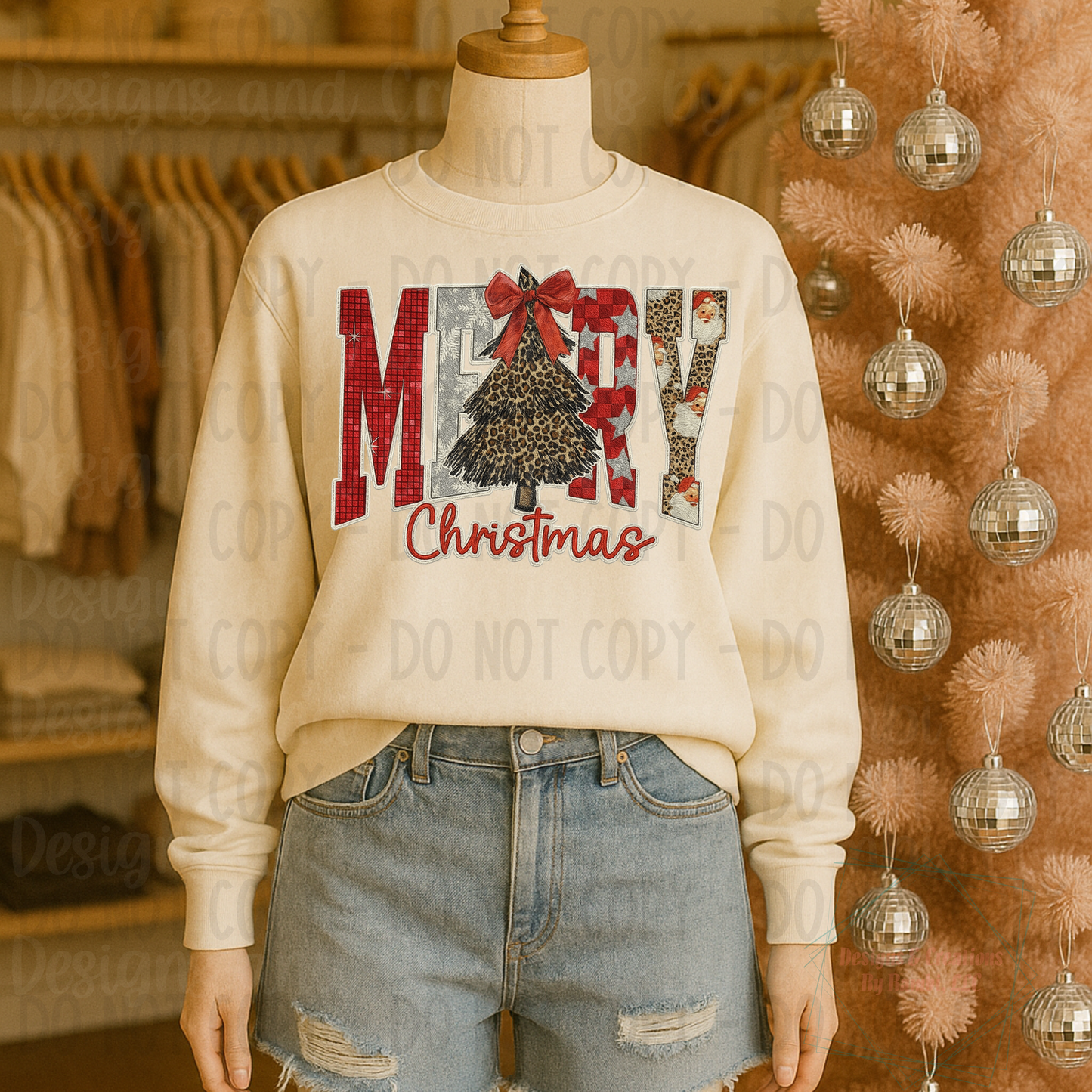 Faux Embroidery Sequin Merry Christmas Tree