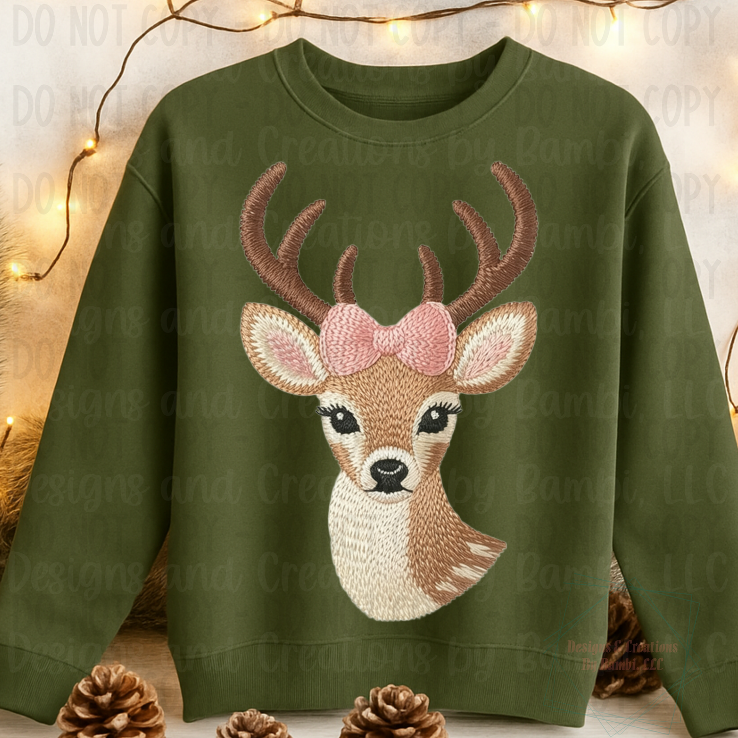 Faux Embroidery/Knit Deer with Pink Bow Version 1