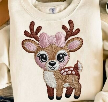 Faux Yarn/Embroidery Prissy Deer with Pink Bow