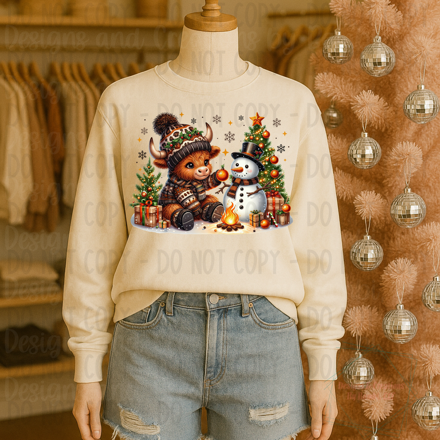 Festive Leopard Highland Cow with Snowman