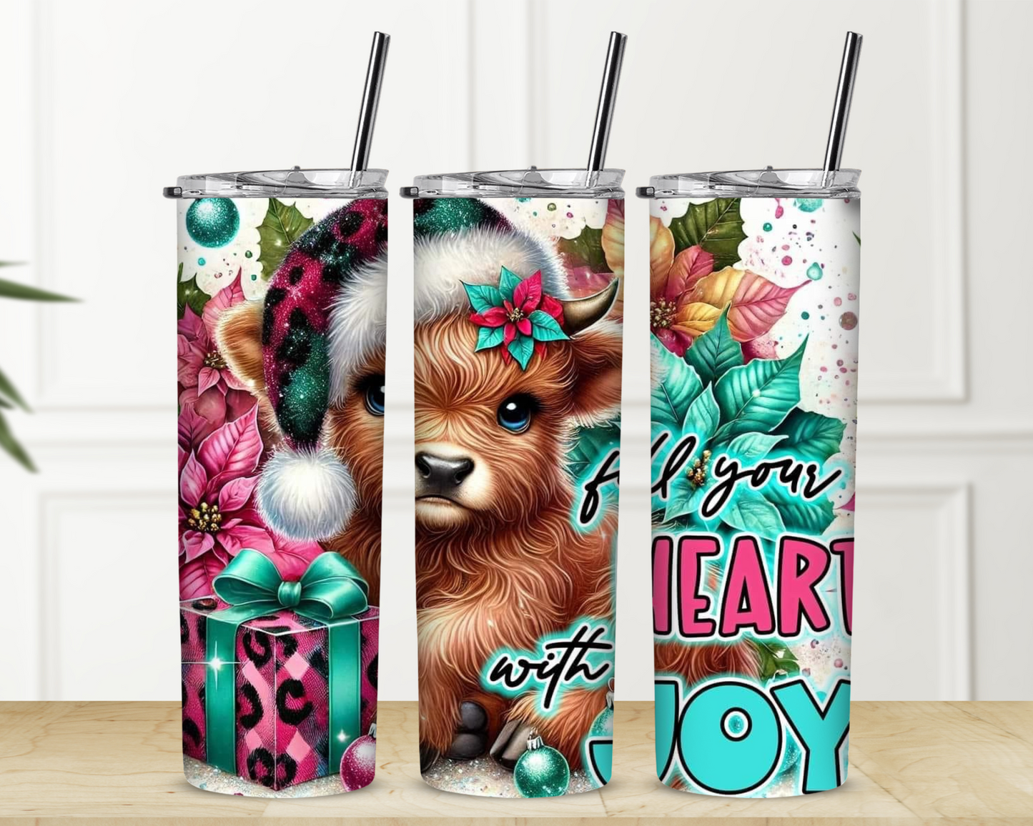 Fill Your Heart with Joy Highland Cow Christmas Sublimation Tumbler