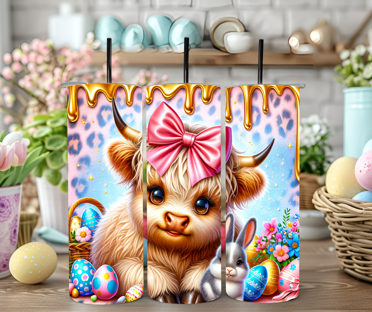 Gold Leopard Easter Highland Cow Tumbler