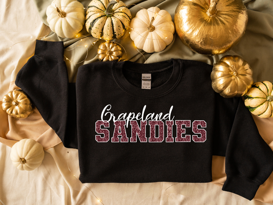 Grapeland Sandies in Maroon with White Outline/Grapeland in Faux Sequin and Embroidery