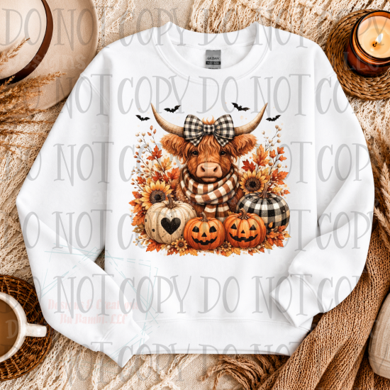 Halloween Fall Highland Cow with Pumpkins and Bats