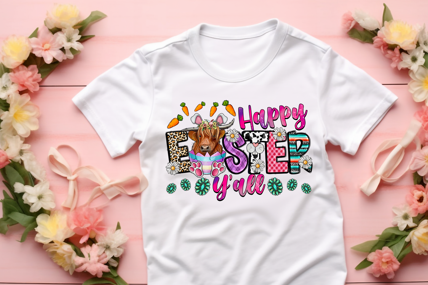 Happy Easter Y'all with Bunny Highland Cow