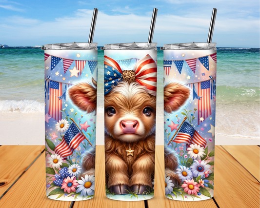 Highland Cow Patriotic with Flags Sublimation Tumbler
