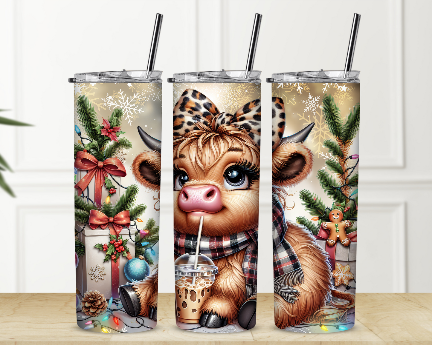 Highland Cow and Leopard Christmas Sublimation Tumbler