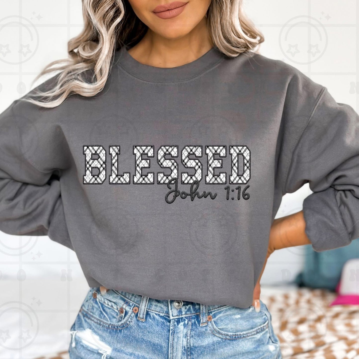 Plaid Faux Embroidery BLESSED John 1:16