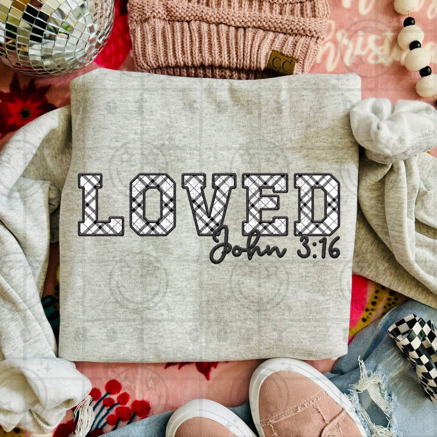 Plaid Faux Embroidery LOVED John 3:16