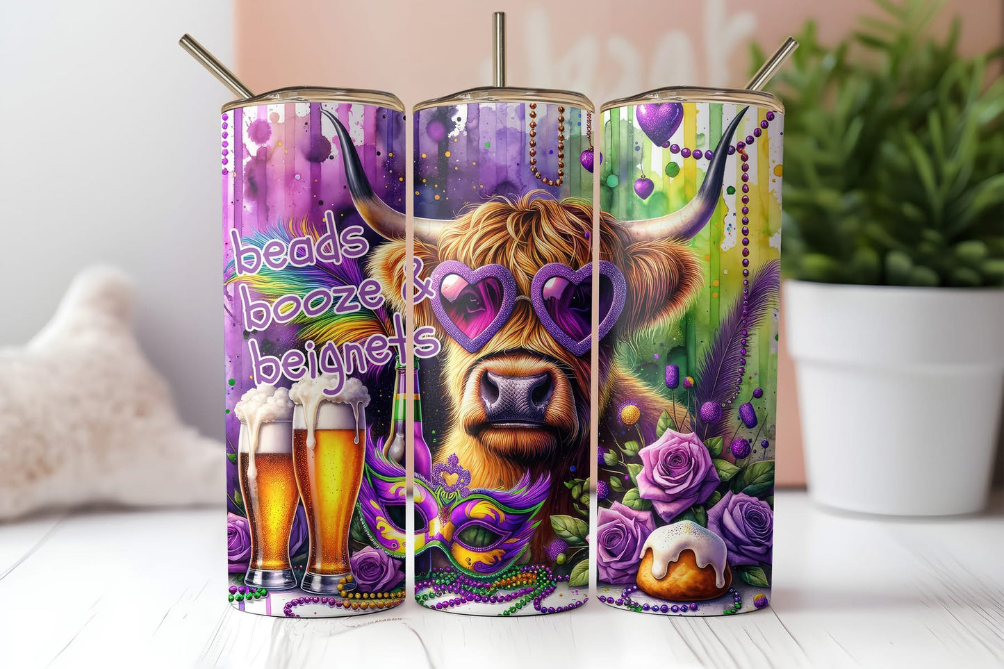 Mardi Gras Highland Cow with Beads Sublimation Tumbler