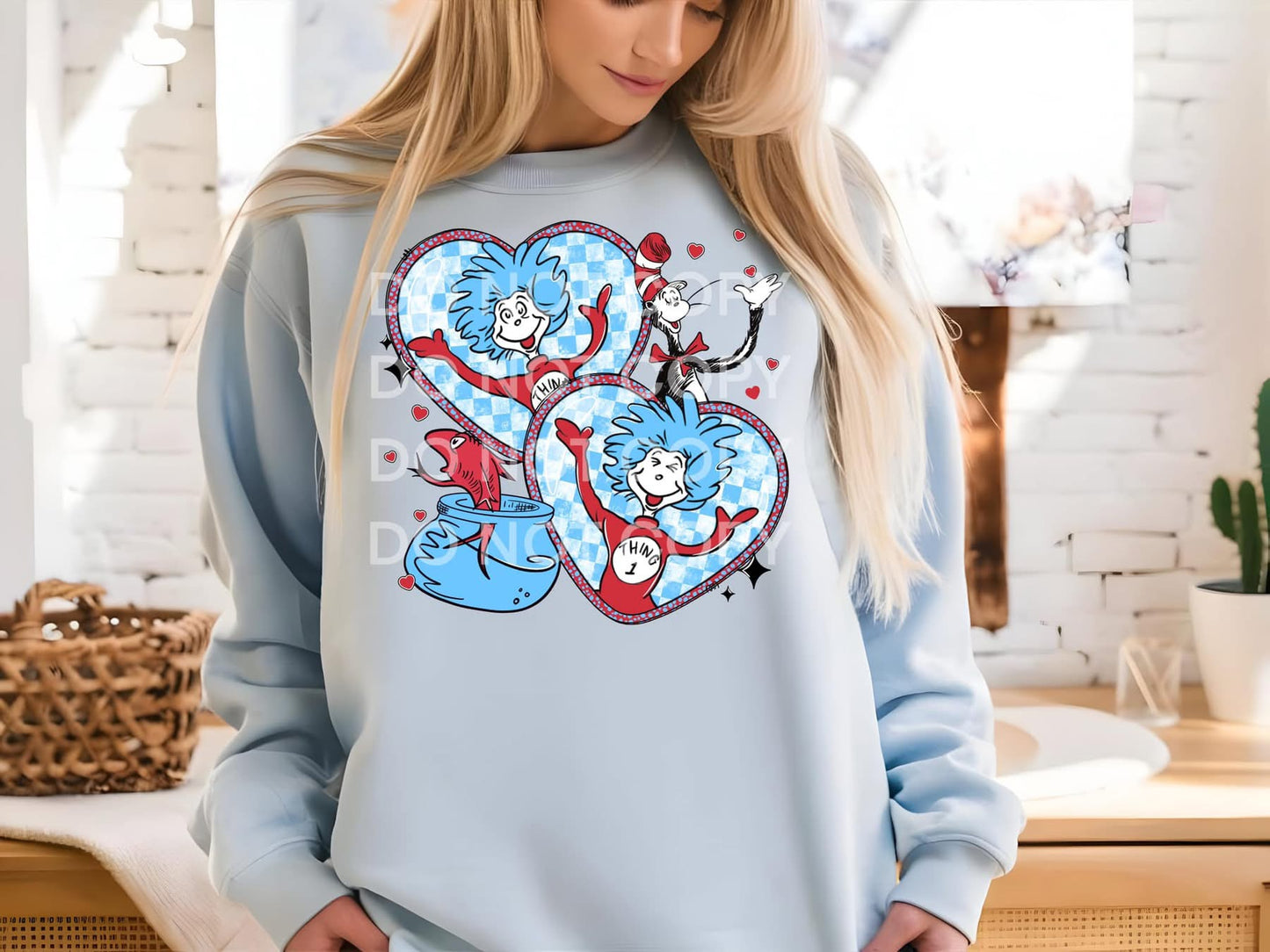 Thing 1 and Thing 2 with Blue Checkered Hearts