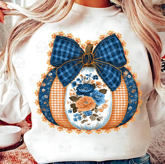 Orange Checkered and Blue Floral Pumpkin