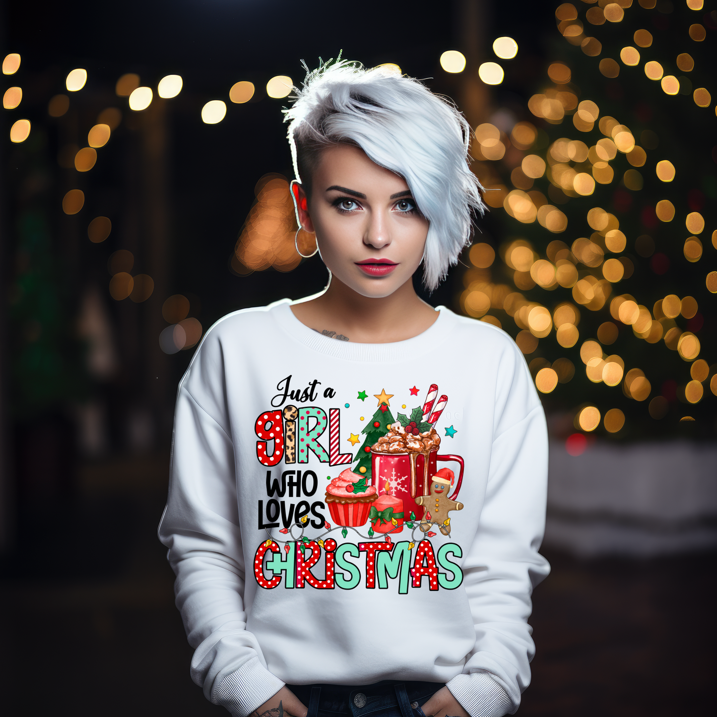 Girl Loves Christmas with Cup of Cocoa and Gingerbread