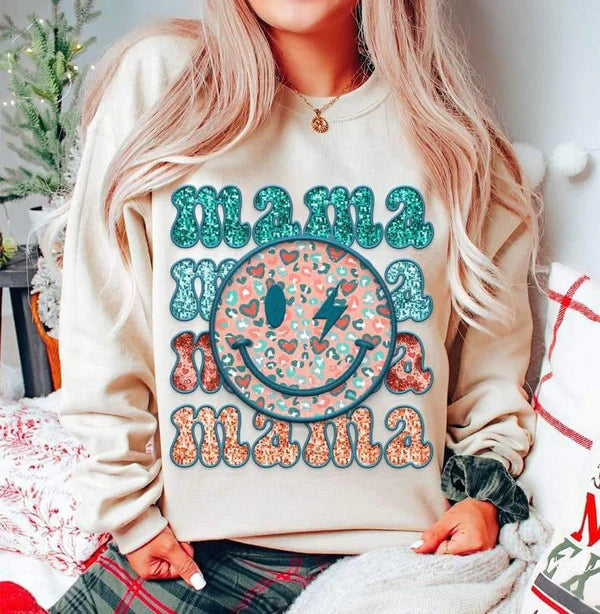 Mama Faux Sequin and Embroidery Stacked with Smiley