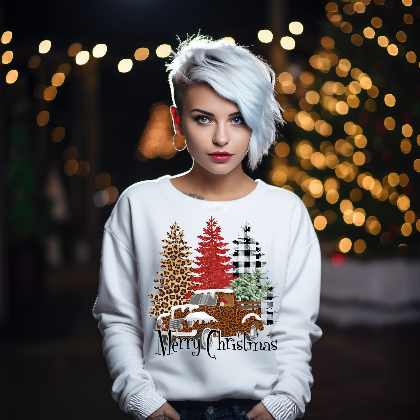 Merry Christmas with Trio of Trees and Leopard Truck