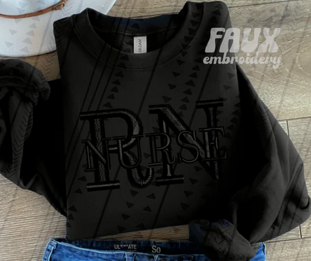 Nurse RN with Black Faux Embroidery