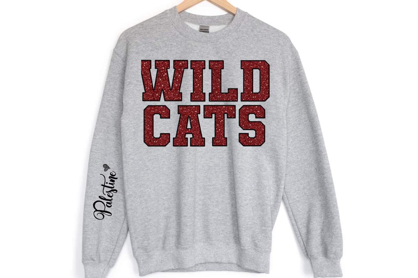 Wildcats in Maroon Black Outline with Black Palestine on Sleeve