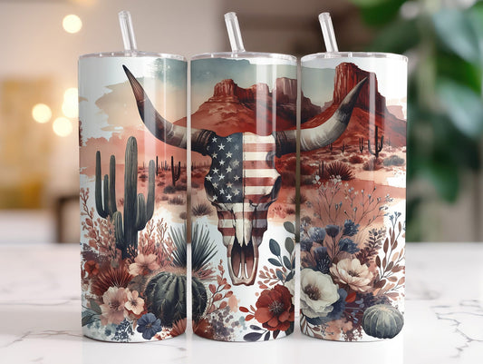 Patriotic Cow Skull and Desert Sublimation Tumbler