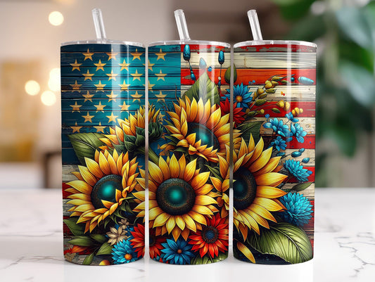 Patriotic Flag and Sunflowers Sublimation Tumbler