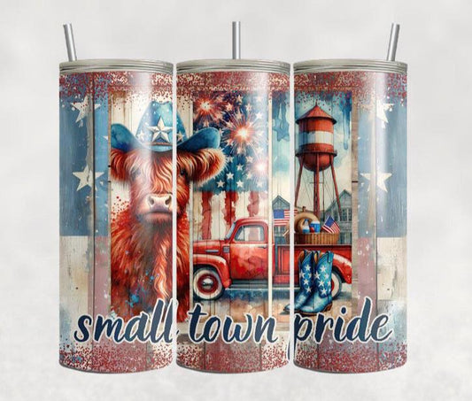 Patriotic Small Town Pride Highland Cow Sublimation Tumbler
